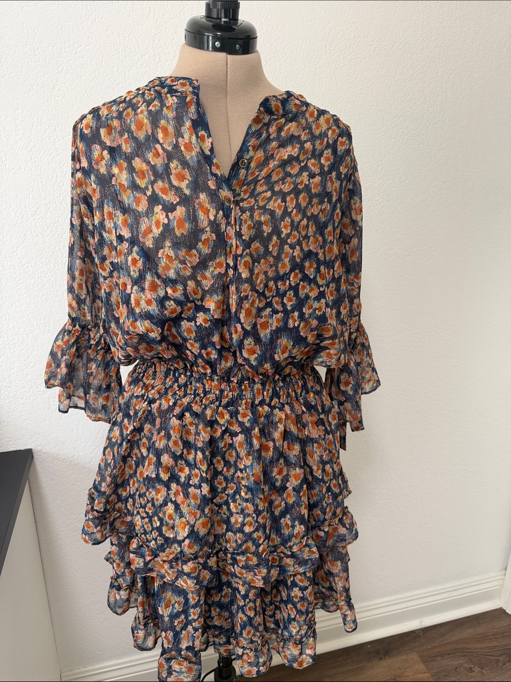 lovestitch Navy Blue Floral Ruffle Mini Dress with Orange and Cream Accents